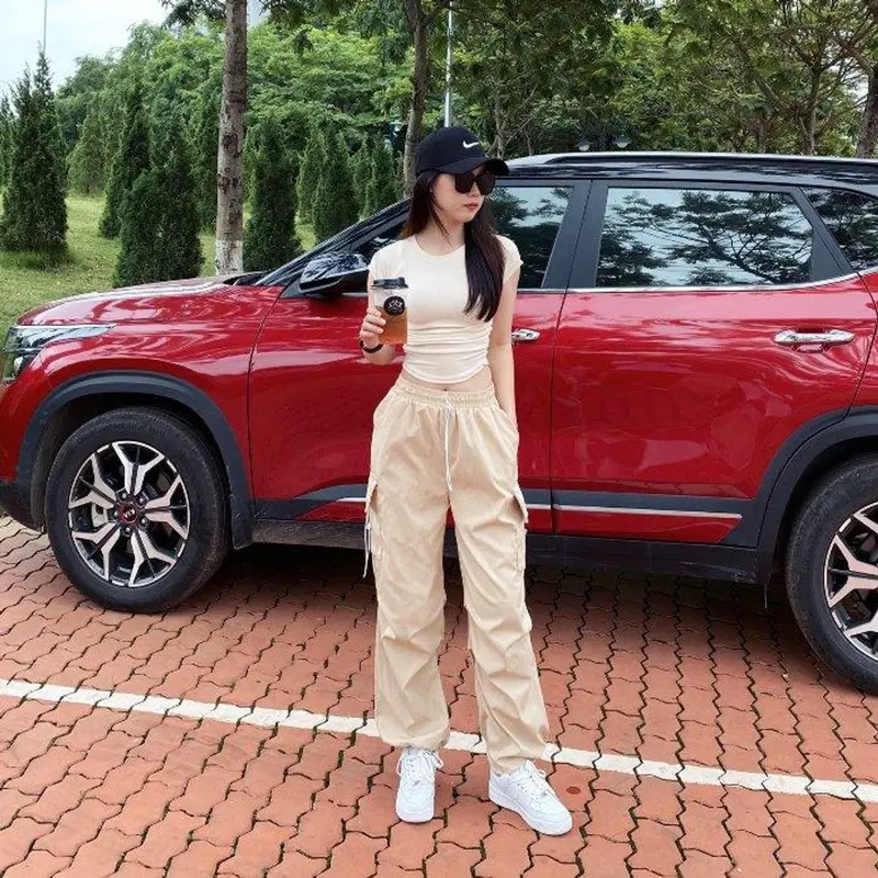Quần ống rộng kaki túi hộp cạp chun dây rút dáng suông dài Quần kaki ống rộng lưng cao bo gấu co giãn màu Đen kem hồng Nữ Ong 2