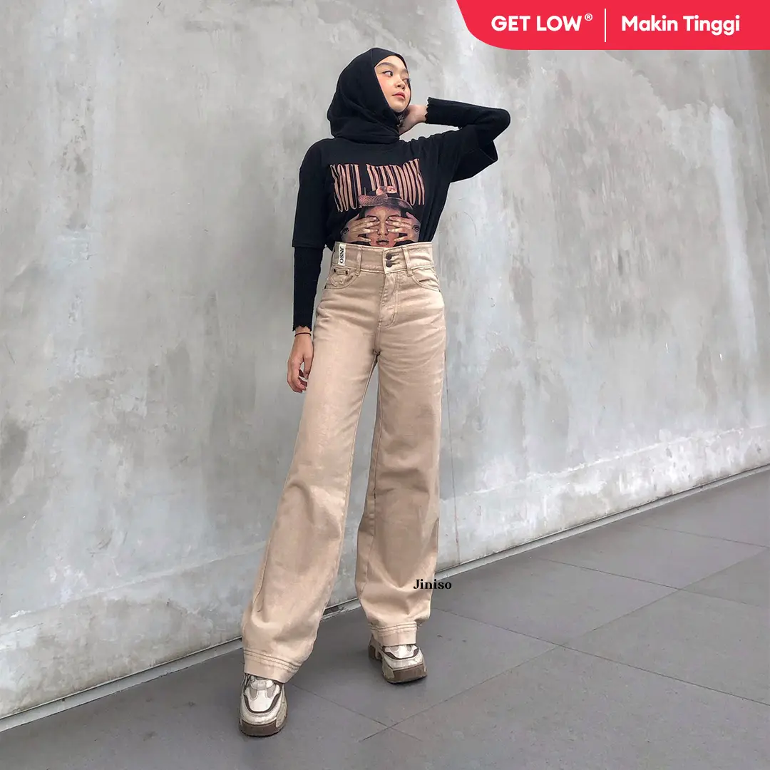 JINISO GET LOW - 516 Baggy Highwaist Celana Jeans Wanita Warna Cappuchino