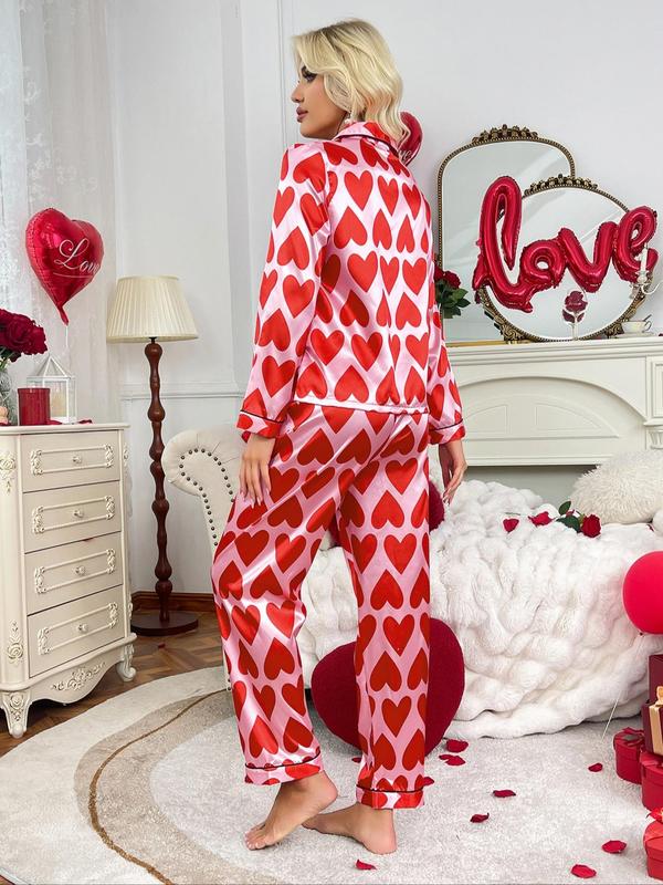 Women's Heart Print Satin Loungewear Set, Casual Lapel Button Front Shirt & Trousers Pajama Set, Valentine's Day Gift, Women's Sleepwear, Womenswear, Winter Co Ord Sets Valentine's Day, Two Piece Set Women 7