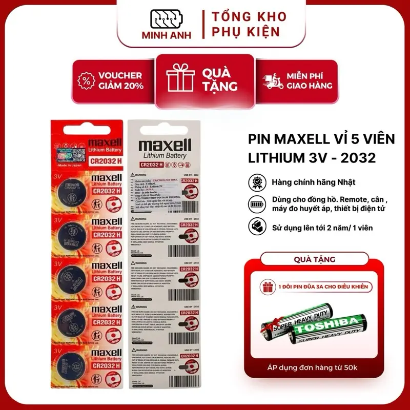 ￼Pin CR2032H Chính Hãng Maxell Lithium 3v - Pin Remote Smartkey Ô tô Xe Máy Đồng Hồ Thiết Bị Các Loại (1 vỉ 5 viên) 0