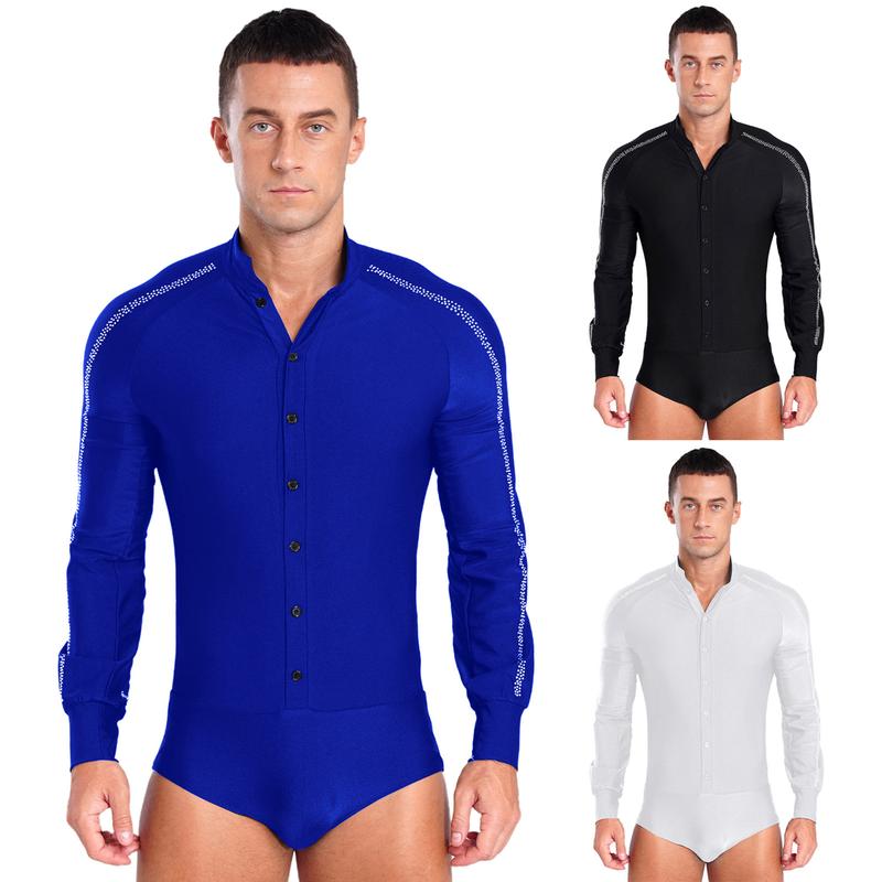 Trang Phục Thi Đấu Khiêu Vũ Latin Nam Hồi Giáo, RUNQHUI, Tay Raglan, Cổ Chân Đế Có Nút, Đính Đá Lấp Lánh Leotard Sport 0