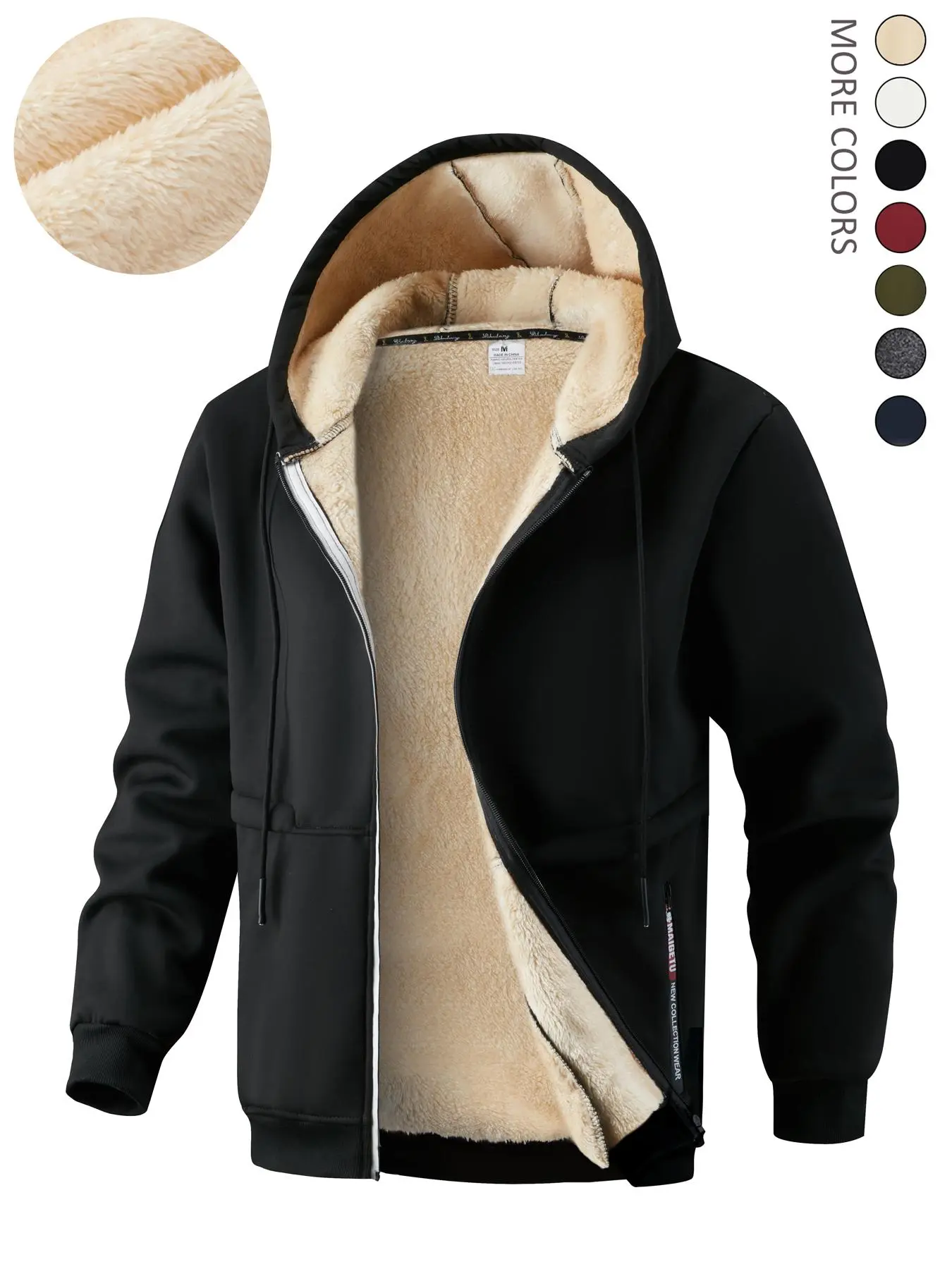 Men's Solid Zip Up Pocket Plush Lined Drawstring Hooded Jacket, Regular Fit Casual Warm Long Sleeve Outerwear for Fall & Winter,  Jackets for Men, Menswear for Daily Wear, Workwear Jacket