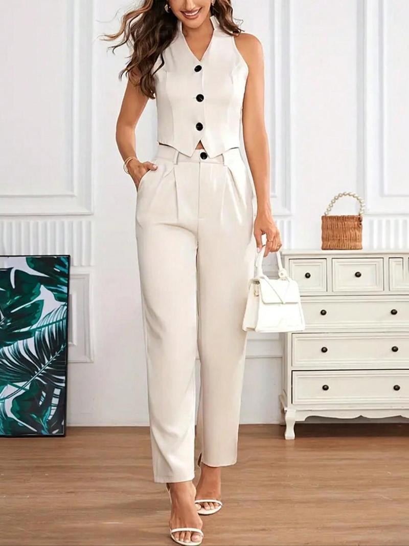Product Introduction of Women's Solid Button Front Vest Top & Pocket Pants Two-piece Set, Casual Sleeveless V Neck Vest & Trousers for Spring & Fall, Women's Clothes for Daily Wear 1