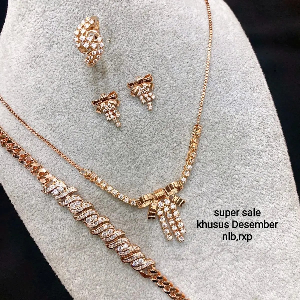 set replika berlian model pita, mewah warna rose gold