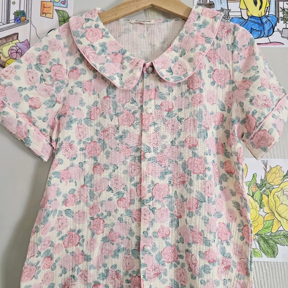 Đồ bộ mặc nhà cổ sen tay ngắn quần dài nhà xô muslin 100% cotton Rainbow Studio