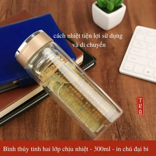Bình Nước Chú Đại Bi 300ML - Bình Nước Thuỷ Tính 2 Lớp Giữ Nhiệt - Pháp Bảo Phật Giáo - Mật Tông 4