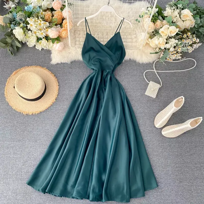 Dress Basic maxy dress singlet wanita V neck Backless Satin tali pita
