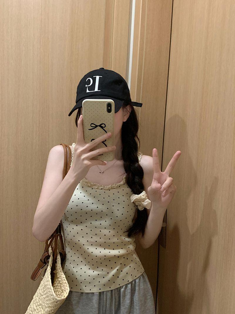 Product Introduction of Red Polka Dot Lace Camisole Women's Summer Slim-Fit Short Sleeveless Top 7