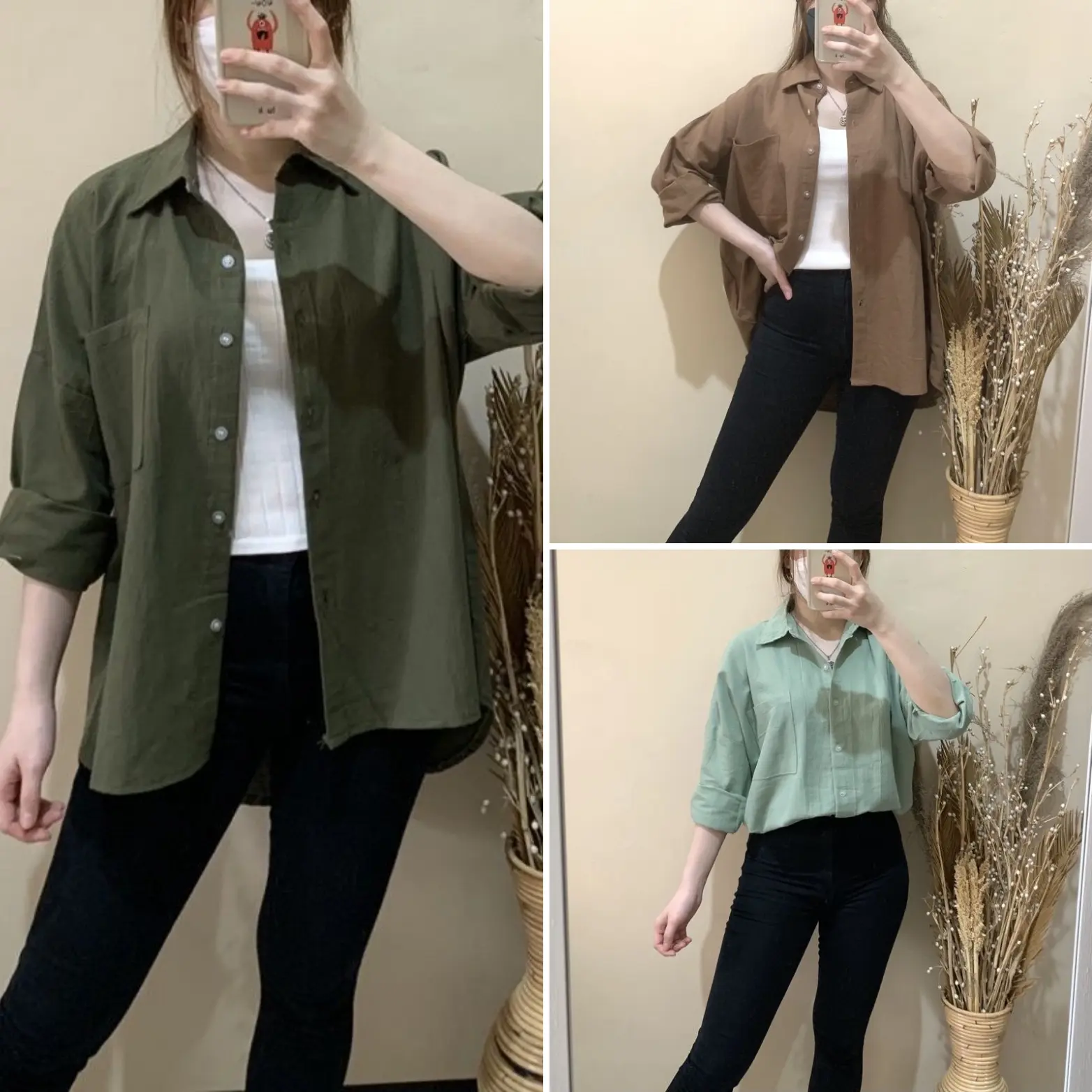 Baju Atasan Kemeja Hem Kerah Kuliah Longsleeve Army Hitam Putih Mocca Casual Kancing Depan Pocket Kantong Santai Polos Basic Kerja Kantor Oversize Adem Linen Fashion Remaja Wanita Cewek Perempuan Korea Dewasa Lengan Panjang Jumbo LD 120 Kekinian Murah