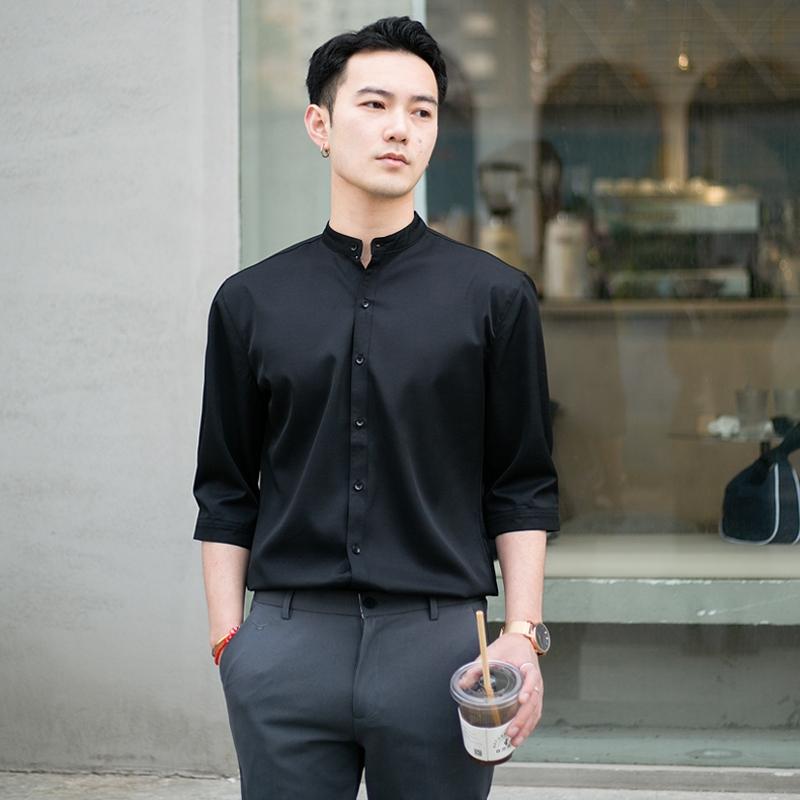 Áo sơ mi nam cổ tàu Slimfit 2 màu thiết kế mới vải lụa nến không bai không xù Menswear Shirt áo  sơ áo  sơ sominam  dep sơ  mi  đen  mặc  vest