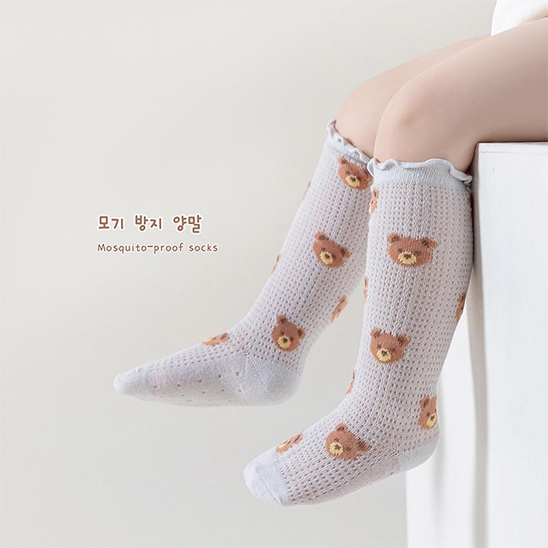 Product Introduction of Baby Socks for Girls Flower/Bear Print Mosquito Protection Mid-Calf Socks Spring Summer Breathable Kids Mesh Thin Socks 47