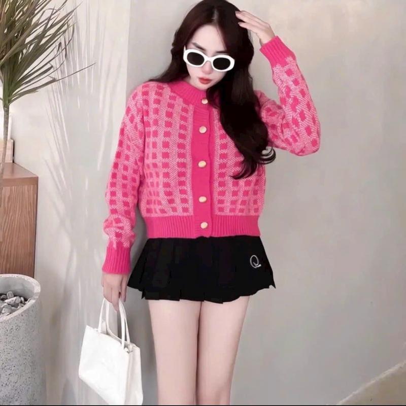 Áo khoác len cadigan kiểu bomber màu hồng xinh xắn