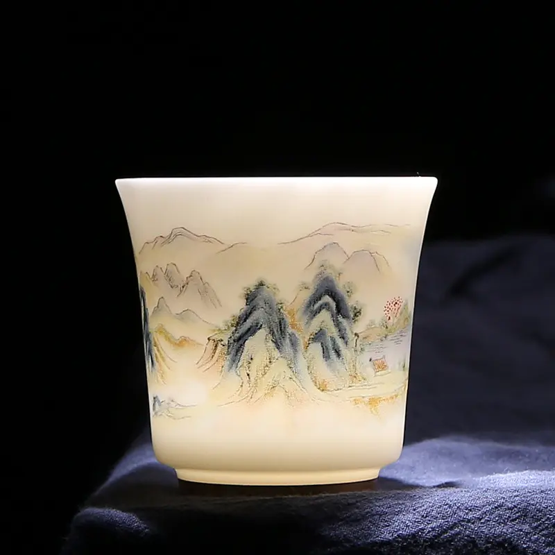 Qianli Jiangshan Plain Fired Sheep Fat Jade Ice Type Master Cup Single Cup High-end Gilded Tea Tasting Cup Chinese Style Ceramic Drinkware Tumblers
