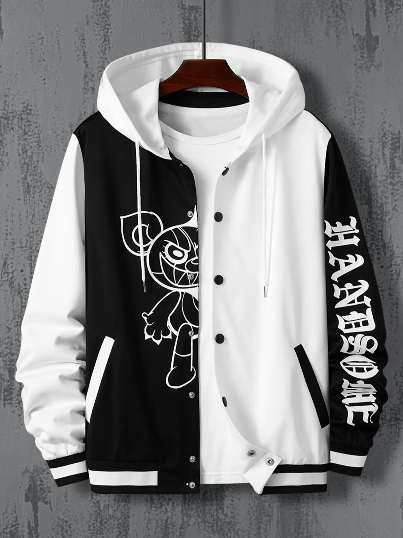 Men's Colorblock Cartoon & Letter Print Pocket Hooded Baseball Jacket without Tee,  Fit Drawstring Long Sleeve Button Front Outerwear for Casual Daily Wear