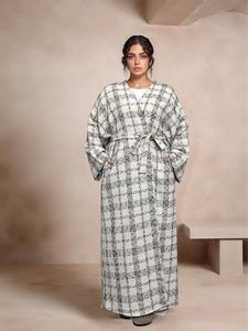 Women's Plaid Print Drop Shoulder Belted Pocket Robe, Casual Long Sleeve Open Front Robe for Fall & Winter, Women's Islamic Clothing for Daily Wear