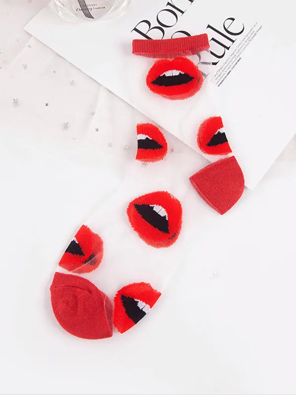 Women's 5 Pairs Contrast Mesh Sheer Crew Socks, Casual Fashionable All Over Print Socks for Daily Wear, Comfy Breathable Socks for Women 6