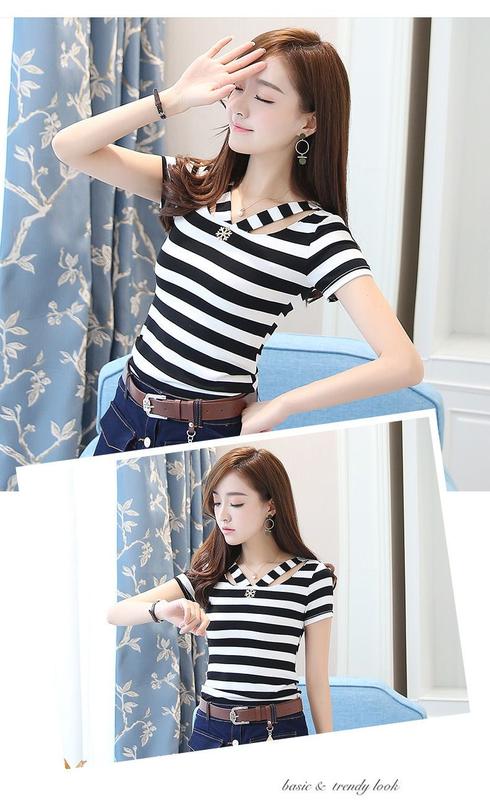 Product Introduction of Women's Summer Design Striped T-shirt Thin and Slimming White V-neck Short Sleeved T-shirt 21
