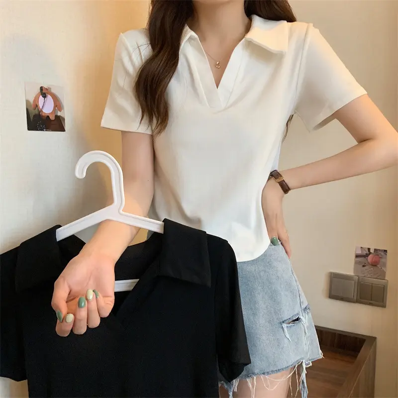 เสื้อครอป คอปกแขนสั้น สำหรับผู้หญิง ผ้าไหมพรมบาง ใส่หน้าร้อน Y160 Clothing Women