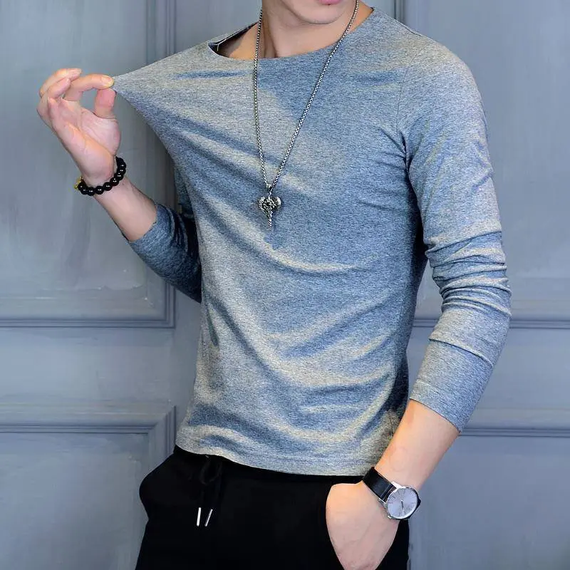 New Men's Long-Sleeved T-shirt round Neck Young Men Ice Silk Bottoming Shirt Solid Color Casual Outdoor Autumn T-shirt Men's Fashion Menswear Top