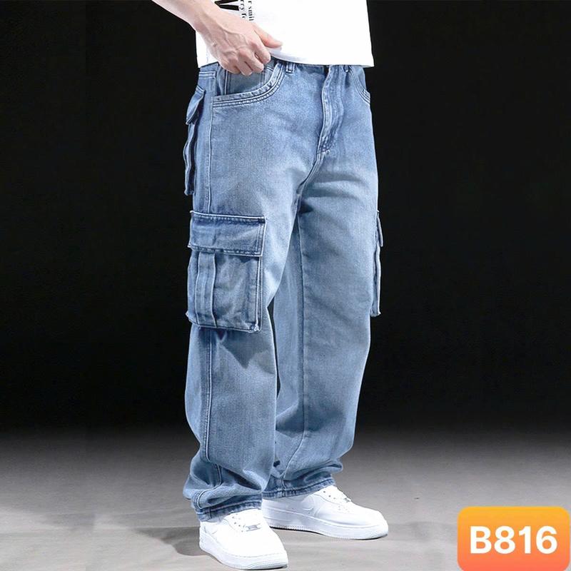 Quần baggy jean nam ống rộng túi hộp màu xanh trơn chất bò dãn nhẹ Q816 dáng chuẩn Menswear Pants Có Túi