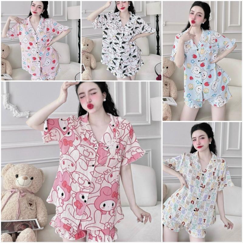 Bộ ngủ Bigsize đùi chất xốp 50 100kg vải lụa hàn mềm mát hoạ tiết dễ thương áo bèo quần ngắn Nữ Women đồngủ ren lưng mặc đồ