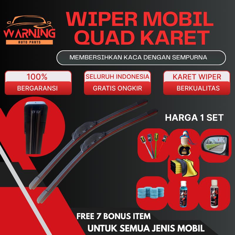 l Terlaris No.1 l Wiper Mobil Quad 4 Karet Blade Bonus 7 Item 1 Set Kiri dan Kanan Universal Semua Jenis Mobil Pembersih Kaca Depan Kendaraan WARNING AUTO PARTS 0