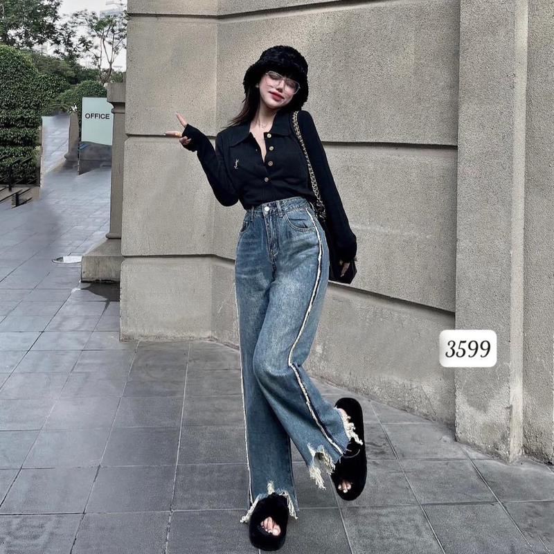  Quần jean nữ ống rộng màu xanh rách lai tả tơi  cực chất Lê Huy Fashion MS 3599 