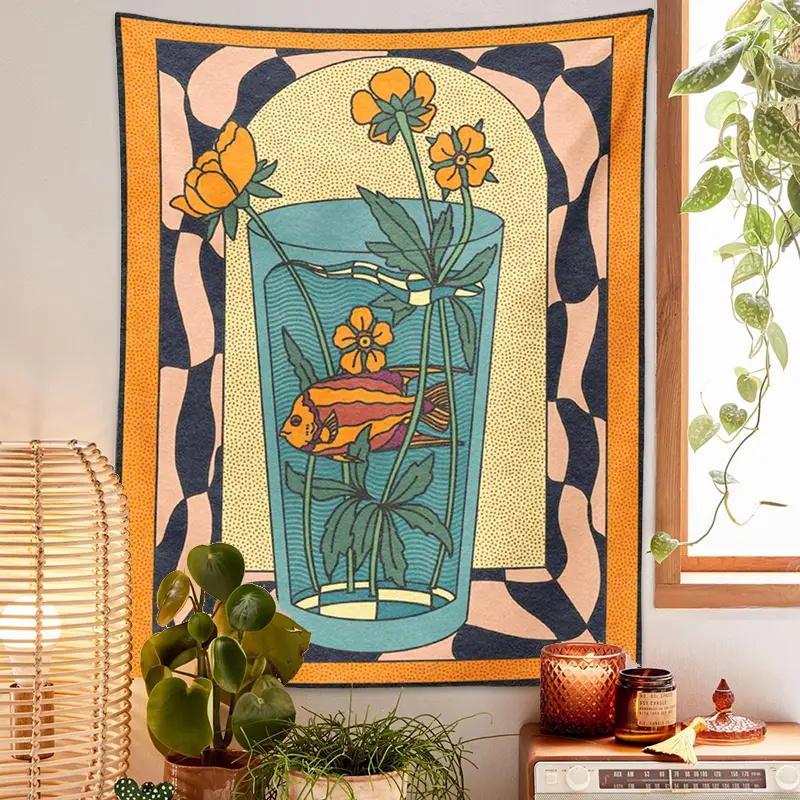 Vintage Flower & Fish Printed Tapestry Decoration, 1 Count Boho Artwork Posters Decorative Hanging Blanket for Home Decor, Wall Decor for Home Living Room 2
