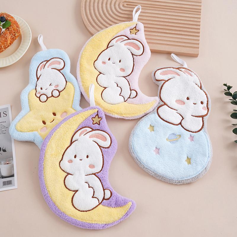 Product Introduction of Cute Rabbit Pattern Hand Towel Soft Hanging Towels Absorbent Coral  Towel Kitchen Bathroom Double-thickness Hand Towel 15