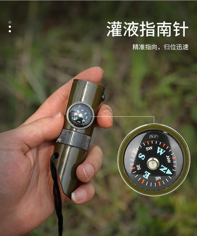 Product Introduction of 7in1 Emergency Survival Whistle Compass Multifunction Tool Magnifier Flashlight Storage Container Thermometer for Camping Hiking 6