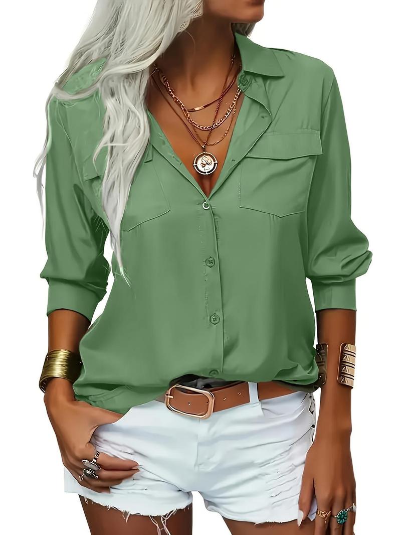 Product Introduction of 【Plus Size】 Solid Color Curved Hem Shirt, Casual Long Sleeve Collared Top for Spring & Fall, Women's Clothes for Daily Wear 3
