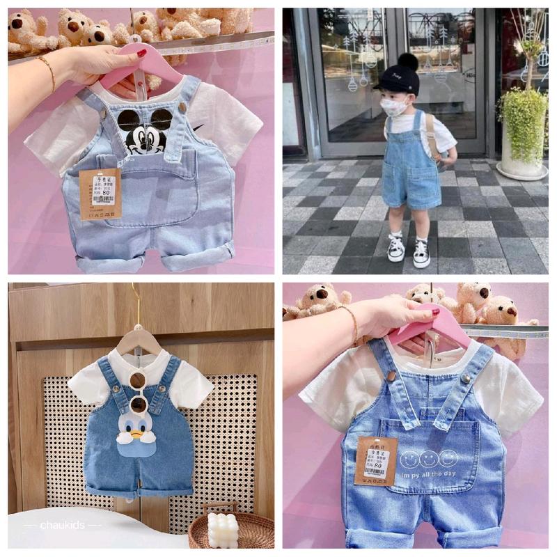 sét bộ yếm jean  áo trắng cho bé trai bé gái từ 6 đến 18kg chất jean mềm mát bososinh