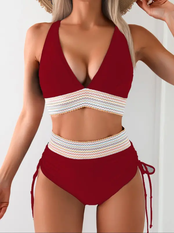 Women's Colorblock Bikinis Set, Casual V Neck Sleeveless Bikini Top & Ruched Tie Side High Waist Swim Knicker, Bathing Suits, Ladies Summer Swimwear for Beach Holiday Vacation 5