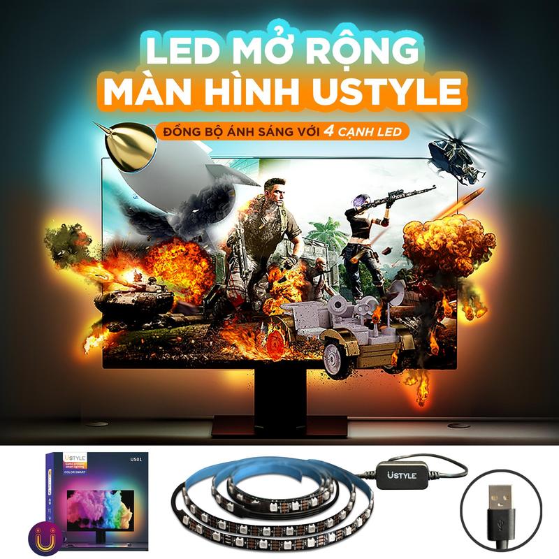 Đèn Led Mở Rộng Màn Hình Ustyle Cảm Biến Theo Full 4 Cạnh Màu Màn Hình Máy Tính PC Windows, Dây Led Dán Sau Màn Hình 24 - 27 - 32 - 34 inchs