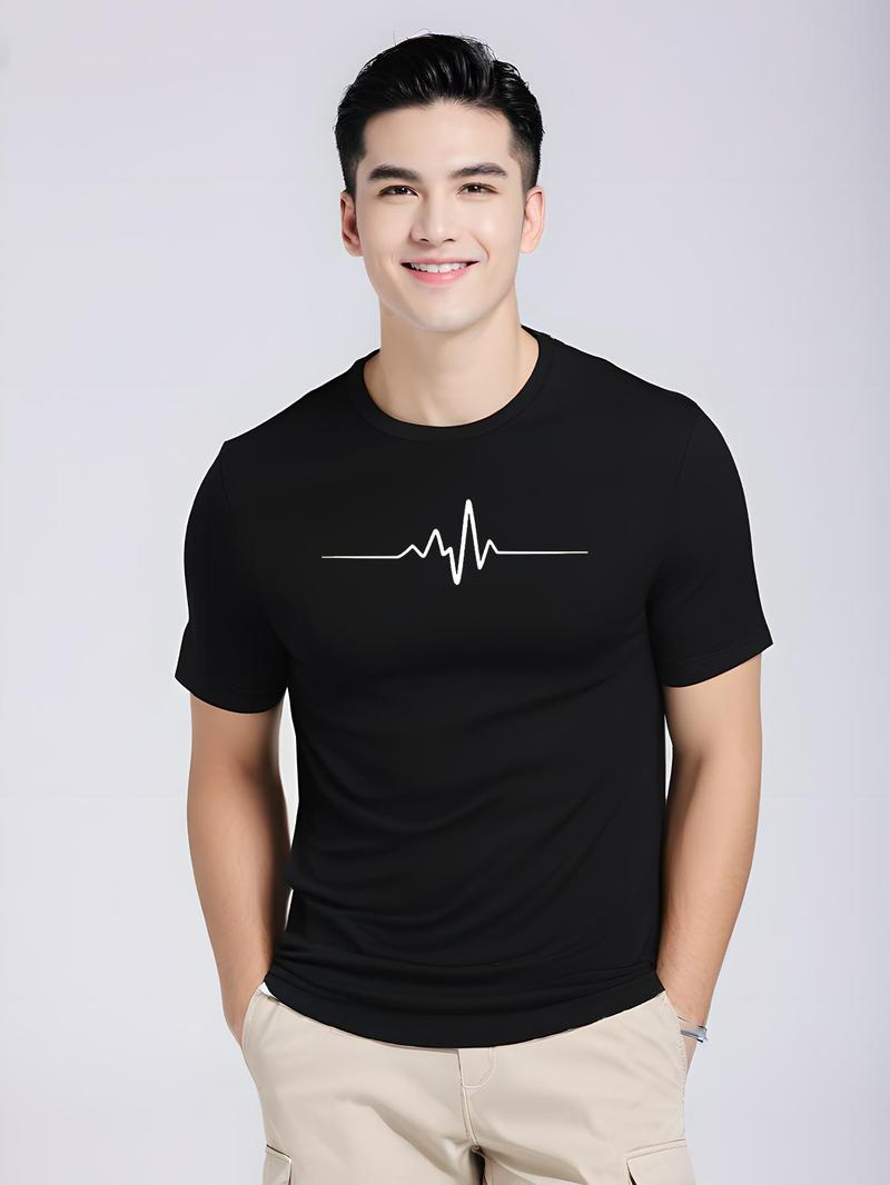Product Introduction of Men's EKG Print Round Neck Tee, Regular Fit Casual Short Sleeve Crew Neck T-Shirt for Summer, Fashion Men's Top for Daily Wear, Tropical 3
