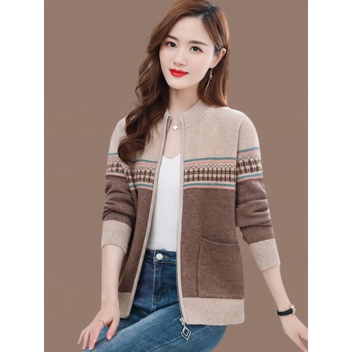 Áo Cardigan Cho Phụ Nữ Trung Niên, Áo Len, Áo Khoác Dệt Kim, Áo Khoác Ngoài Thời Trang, Khối Màu Mới, Mùa Xuân Và Mùa Thu