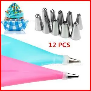 ID HOME 12 PCS Set Silicone Cream Reusable Pastry Bag+10 Nozzle Set Alat Dekorasi Kue 1