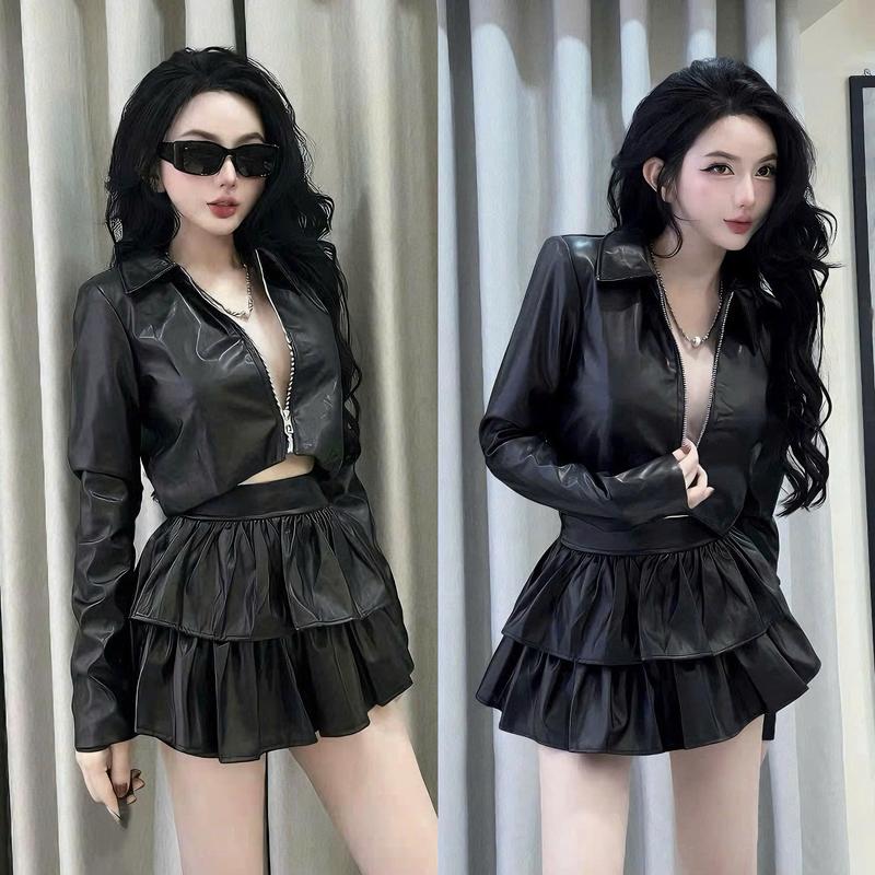 T3120 VD Set Đầm Da Nữ Thiết Kế EMME 2 Món Gồm Áo Khoác Dây Kéo Dáng Lửng Phối Chân Váy Tầng Xếp Ly Dáng Ngắn Cách Điệu - Thanh Tự Women Top