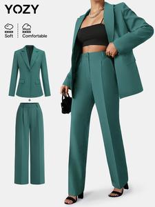 YOZY Two-piece Set Women's Solid Color Button Front Blazer & Plicated Suit Pants, Ladies Two-piece Outfits