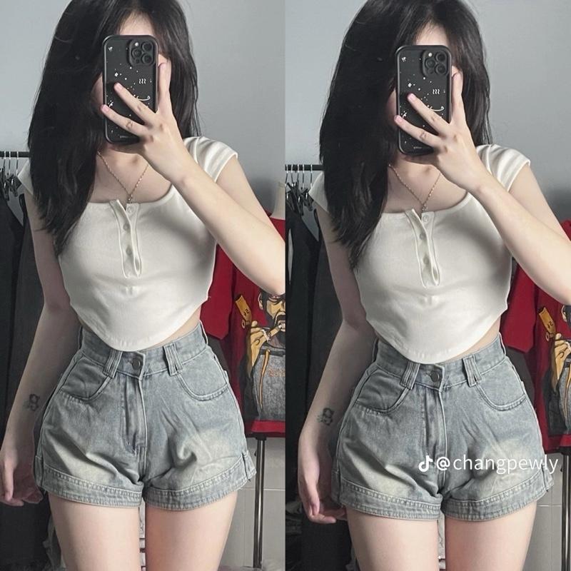 Quần sọt đùi may lai bèo co dãn lưng cao 1