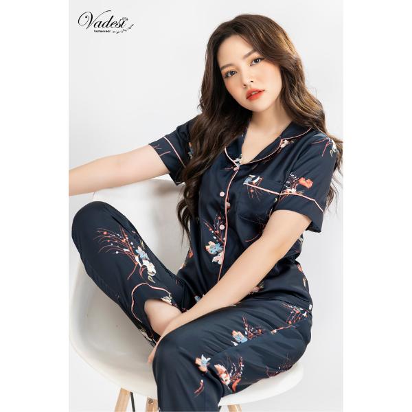 Bộ đồ Pijama VADESI quần dài áo côc hoa cam đen chất liệu lụa latin cao cấp thoáng mát mềm mại Áo Ngủ Nữ