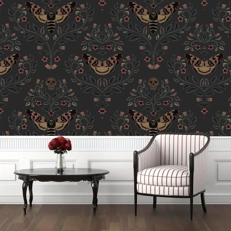 Skull Head Moth Pattern Wall Sticker, 1 Roll Waterproof Self-adhesive Wallpaper, Removable Wall Decal for Home Living Room Bedroom Dormitory Decor 6