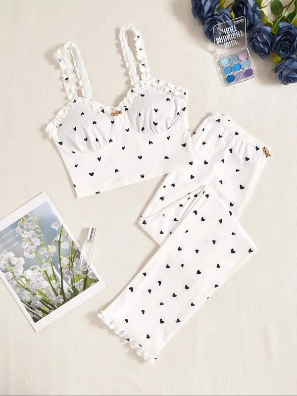 Frill Trim Backless Crop Cami Top & Elastic Waist Pants Pajama Set, Y2k Wear Streetwear Lady Comfort Sleeveless Top & Flower Decor Trousers Pj Set, Summer Wear 2024, Ladies Sleepwear Homewear, Lounge Sets, Pajama Sets 2 Piece Set for Girls, Grace Pyjamas 4