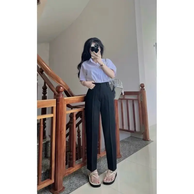 [ 1Khuy ] Quần Tây Nữ Lưng Cao 1 Cúc Có Đỉa Sơ Vin Cạp Cao Màu Đen 1