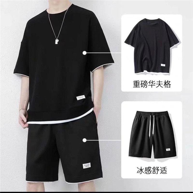 Bộ Đồ Thường Ngày Phong Cách Bánh Quế, Dành Cho Nam Giới, Áo Phông ngắn Tay Áo Lụa Lạnh Mùa Hè, Quần Đùi Ngắn Tay Dáng Rộng Vừa Vặn, Bộ Đồ 1 / 2 Mảnh 6