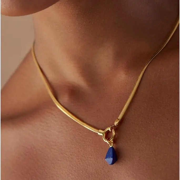 Titanium Steel European and American High Niche Natural Stone Lapis Lazuli Heavy Craft Necklace Pendant DIY High Color Retention 18K Gold Plated