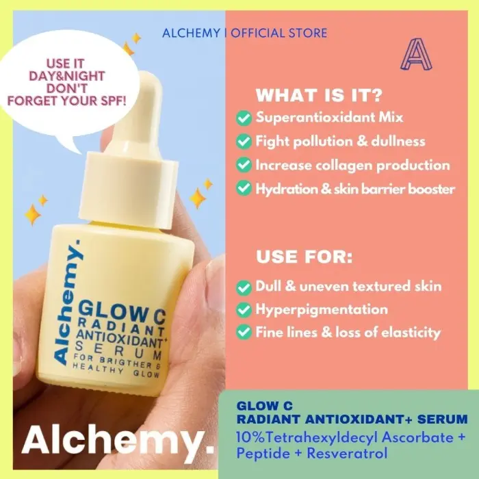 ALCHEMY GLOW C Radiant Antioxidant+ Serum Vitamin C Kulit Cerah dan ANTI AGING | All Skin Types | Perawatan Wajah Brightening Pencerah Kulit Kusam & Dark Spot , Penyamar Kerutan Ceramide Niacinamide Sea Berry Hyaluronic Acid Essence Mencerahkan 3
