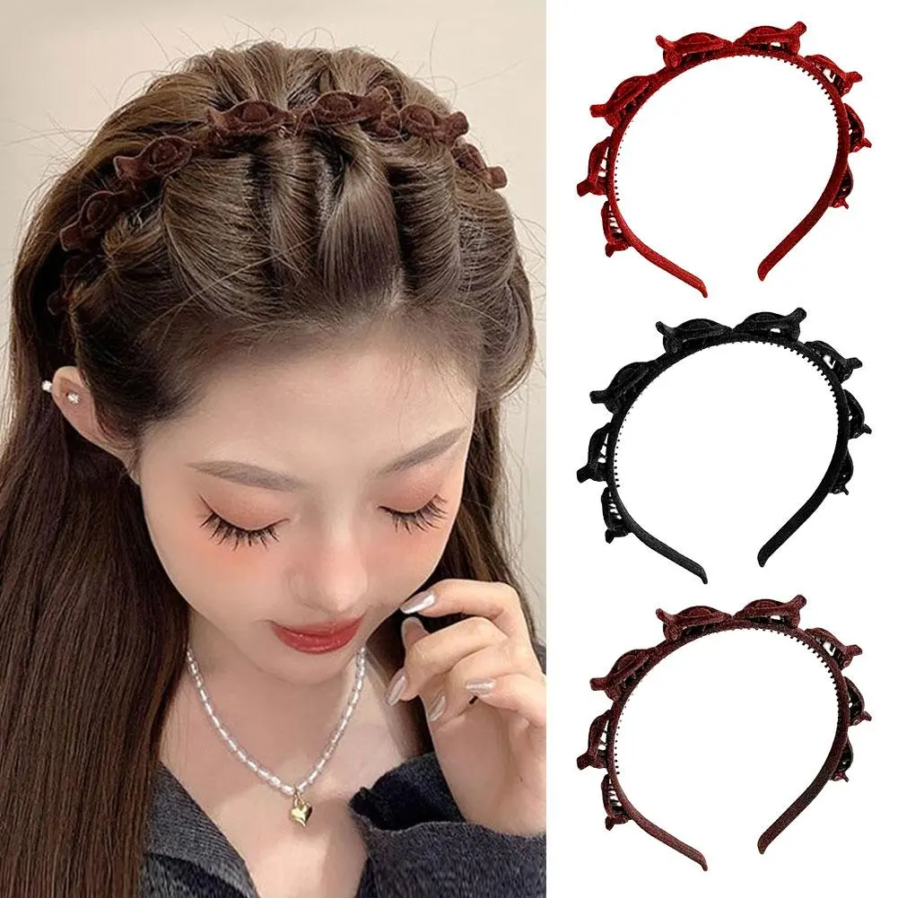 Flocking Braided Headband Refreshing Summer Headband To Organize Broken Hair Small Clip Braided Headband Sweet And Versatile Simple Non-slip Toothed Headband Hair Accessories