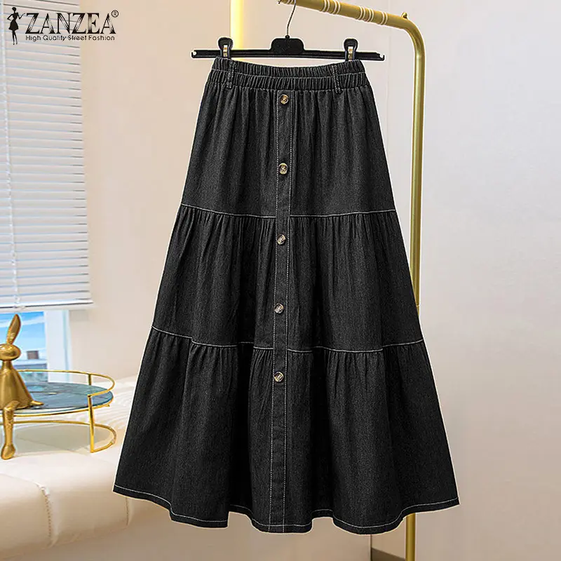 ZANZEA Womens Holiday Casual Layered Pleats A-Line Overskirts Vintage Button Decor Solid Denim Skirts *