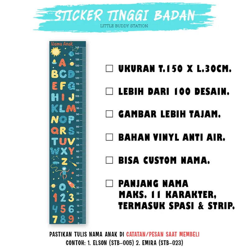 Stiker Pengukur Tinggi Badan Anak SD Dinding Aesthetic - Custom Nama Growth Chart Sticker Dinding Tinggi Badan Anak Wall Decor Motif Gambar Edukasi Abjad Alfabet 2